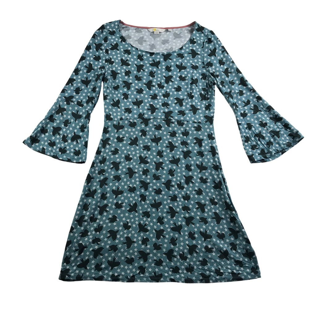 Boden Teal Bird Star Print Bell Sleeve Empire Waist Jersey Dress US 6R J0273
